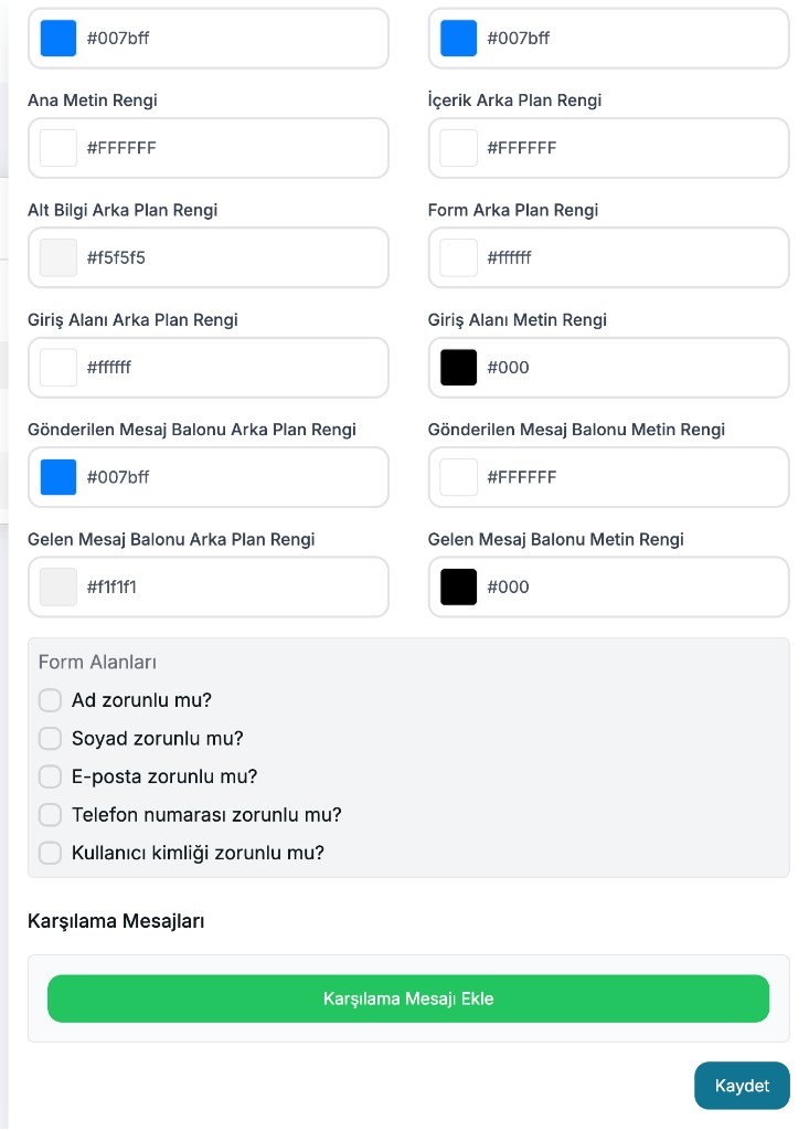Widget renk ve form ayarları